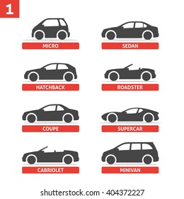 Car Type And Model Objects Icons Set. Vector Black Illustration Isolated On White Background With Shadow. Variants Of Silhouette Automobile For Web.