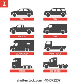 Car Type and Model Objects icons Set. Vector black illustration isolated on white background with shadow. Variants of automobile body silhouette for web.