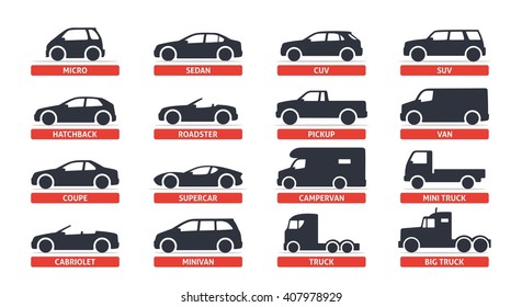 Car Type And Model Objects Icons Set . Vector Black Illustration Isolated On White Background With Shadow. Variants Of Automobile Body Silhouette For Web.