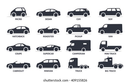 Car Type and Model Objects icons Set . Vector black illustration isolated on white background with shadow. Variants of automobile body silhouette for web.