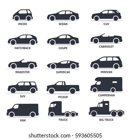 Car Type and Model Objects icons Set, automobile. Vector black illustration isolated on white background with shadow. Variants of car body silhouette for web.