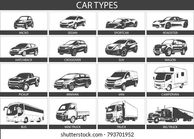 Car Type and Model Objects icons Set . Vector black illustration isolated on white background. Hand drawn illustration.