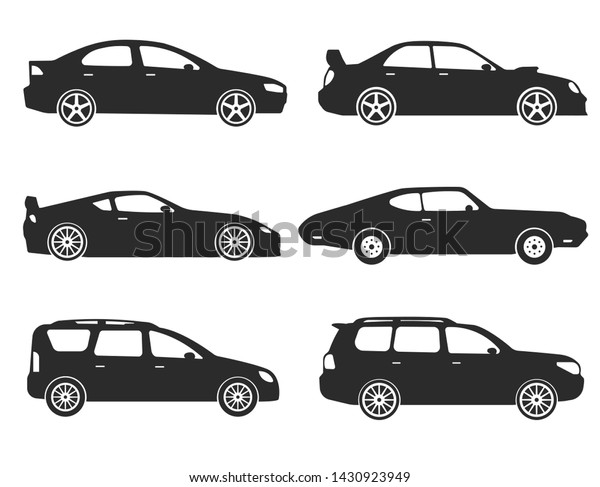 Car Type and Model Objects icons Set\
. Vector black illustration isolated on white background. Variants\
of automobile body silhouette for\
web.