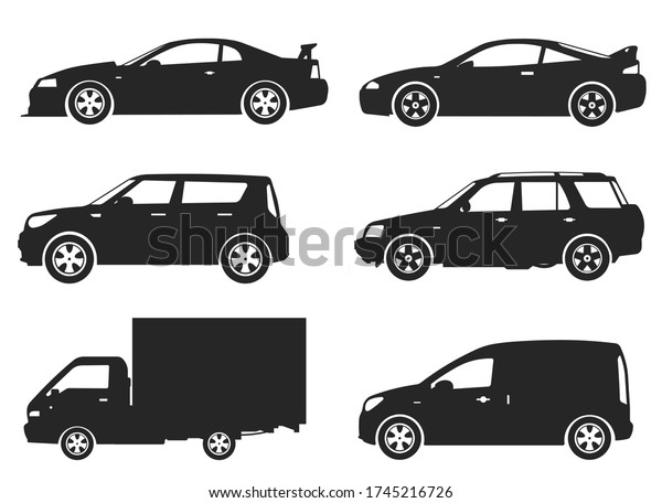 Car Type and Model Objects icons\
Set . Vector black illustration isolated on white background with\
shadow. Variants of automobile body silhouette for\
web