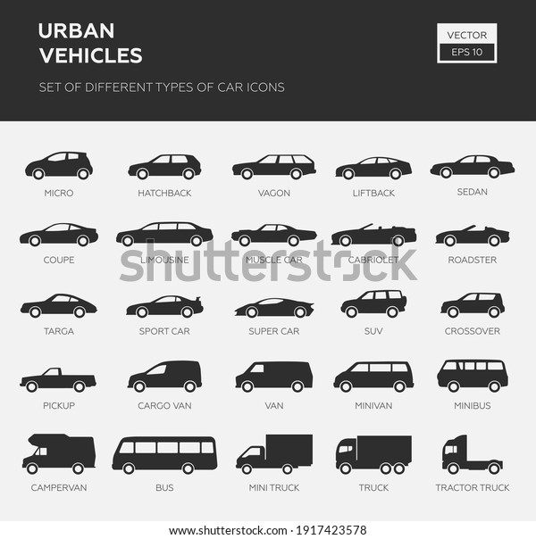 Car Type and Model Objects icons Set\
.Vector black illustration isolated on white background. Variants\
of automobile body silhouette for\
web.