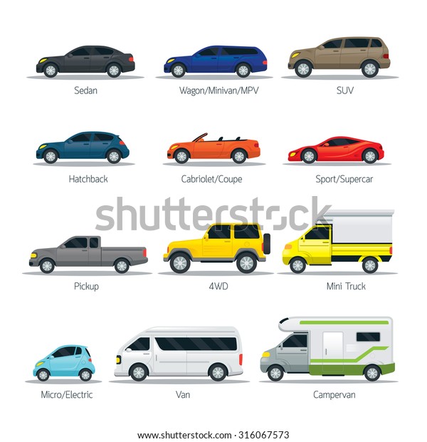Car Type and Model Objects icons Set,\
Multicolor, Automobile