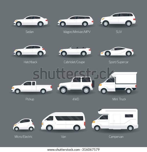 Car Type and Model Objects icons Set, White\
Body Color, Automobile