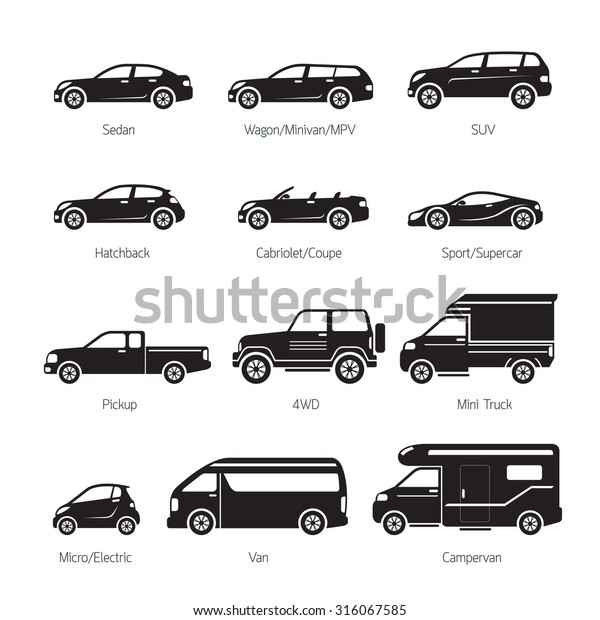 車のタイプとモデルオブジェクトのアイコンセット 白黒 シルエット 自動車 のベクター画像素材 ロイヤリティフリー 316067585