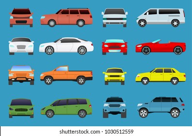 Car type vector model vehicle objects icons set multicolor automobile supercar. Wheel symbol car types coupe hatchback. Traffic collection showroom camper car types minivan flat mini automotive