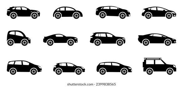 Car types icon collection in black. Different car vehicle icons. Car body types. Car type silhouette collection