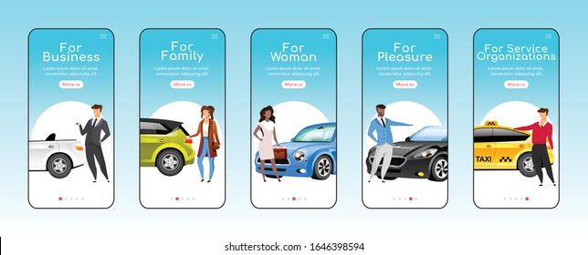 Car types onboarding mobile app screen flat vector template. Automobiles for different purposes. Walkthrough website steps with characters. UX, UI, GUI smartphone cartoon interface