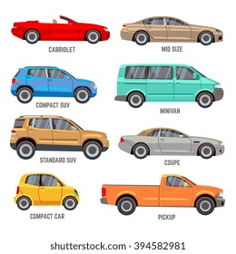 Car Types Vector Flat Icons. Automobile Models Icons Set