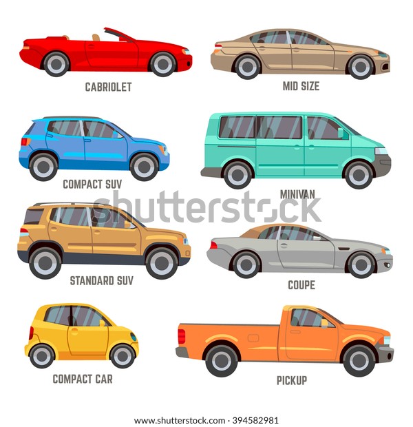 Car\
types vector flat icons. Automobile models icons\
set