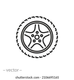 Car Tyre Icon, Disk Light Alloy And Rubber Treads Wheel, Thin Line Symbol On White Background - Editable Stroke Vector Illustration Eps10