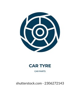 Autoreifen, Vektorsymbol. Autoreifen, Auto, Reifensymbole aus dem Konzept der flachen Autoteile. Einzeln schwarzes Symbol, Vektorgrafik-Symbol-Element für Webdesign und mobile Apps