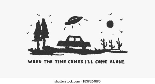 car and ufo silhouette illustration, vintage style illustration