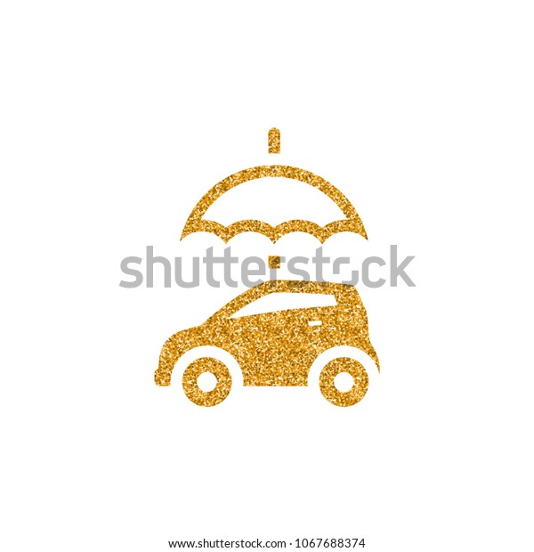Car and umbrella icon in gold\
glitter texture. Sparkle luxury style vector\
illustration.