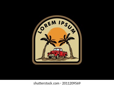 car under the coconut tree vintage badge design