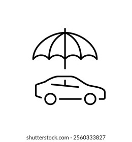 Car under open umbrella. Road assistance, comprehensive vehicle coverage. Pixel perfect vector icon