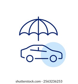 Car under open umbrella. Road assistance, comprehensive vehicle coverage. Pixel perfect, editable stroke icon