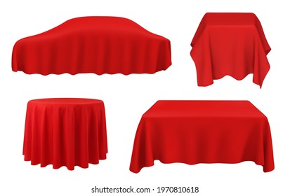 Coche bajo seda roja, manteles vectoriales en mesas cuadradas, redondas y rectangulares. Ceremonia de premiación, nueva presentación automática en concesionario, peatón con pañuelo realista sobre fondo blanco 3d set