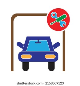 A car under repair shop shed . concept of a mechanic workshop - Maintenance illustration - icon , vector  