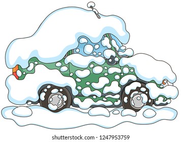 Car under snow in winter, it snowed all night and froze very hard, vector illustration in a cartoon style