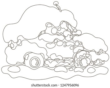 Car under snow in winter, it snowed all night and froze very hard, black and white vector illustration in a cartoon style