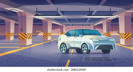 Car in underground parking, garage with vehicle and vacant places. Infrastructure area for transport in building basement with columns and guiding arrows show way to exit, Cartoon vector illustration