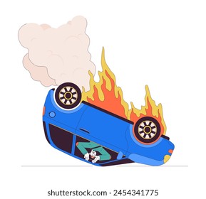 Car upside down on fire line cartoon flat illustration. Frightened asian man locked inside burning auto 2D lineart character isolated on white background. Road accident scene vector color image