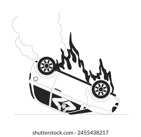 Car upside down on fire black and white cartoon flat illustration. Frightened asian man locked inside burning auto 2D lineart character isolated. Road accident monochrome scene vector outline image