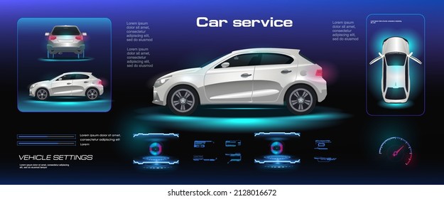 Interfaz de usuario de coche con elementos HUD. Interfaz de usuario con opciones, parámetros, ajustes e información electrónica para todo el vehículo. Coche realista en tres proyecciones con interfaz HUD