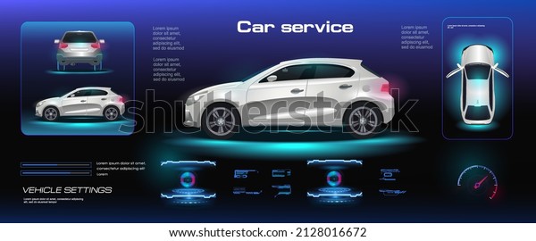 Car user interface with HUD elements. User\
interface with options, parameters, settings and electronics\
information for the entire vehicle. Realistic car in three\
projections with HUD\
interface