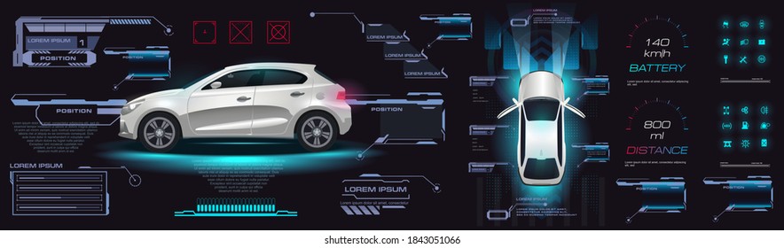 Car user interface HUD, GUI, UI. Dashboard with car and settings. Virtual graphical interface. Vehicle with options and settings for the self-driving system. Vector