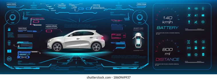 Interfaz de usuario de coche HUD, GUI, UI. Opciones, configuración, alimentación de los electricos del coche. Interfaz gráfica virtual con ajustes y características del vehículo. Conducción autónoma por carretera