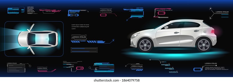 Car user interface HUD, GUI, UI. Virtual graphical interface. Holographic panel with car with city electric car. Car with options and settings. Vector