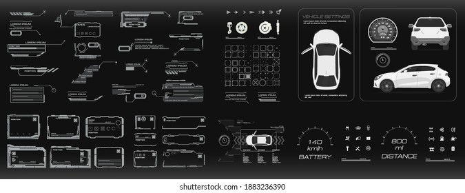 Interfaz de usuario de coche HUD, GUI, UI. Equipamiento completo del vehículo. Opciones, configuración de energía, electrónica. Interfaz gráfica virtual con ajustes y opciones del vehículo