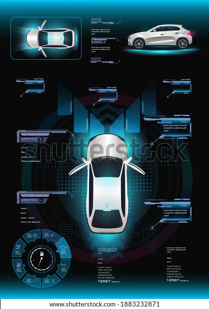 Car user interface with\
HUD, GUI, UI elements. Futuristic car concept with parameters on\
the digital HUD interface panel. Car control system tuning. Sity\
smart car