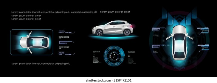 Car user interface with three projections electric vehicle with HUD elements. Concept futuristic car with parameters on the HUD digital panel. Tuning the car control system. City smart car