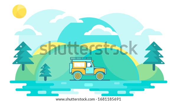Car, utility vehicle outdoor background. Horizontal\
Editable vector illustration for web background, banner template.\
Flat concept  Nature: meadow with green grass, trees, lake, and\
blue sky.