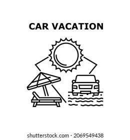 Vektor-Vektorsymbol-Konzept des Autos. Autofahren und Ausflüge am Strand von Ocean Sandy, Fahrer, der sich an der Küste befindet. Chaise Lounge und Regenschirm zum Entspannen und Sonnenbaden an der Küste Schwarze Illustration