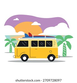 Car van carrying surfboard by the beach