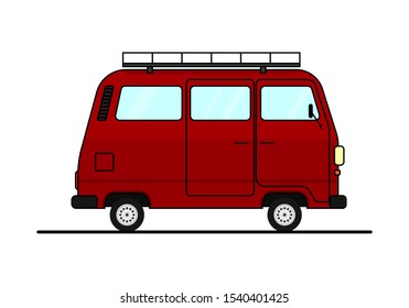 Car van, hippie auto, red vehicle for travel and freedom, vector illustration isolated on white background