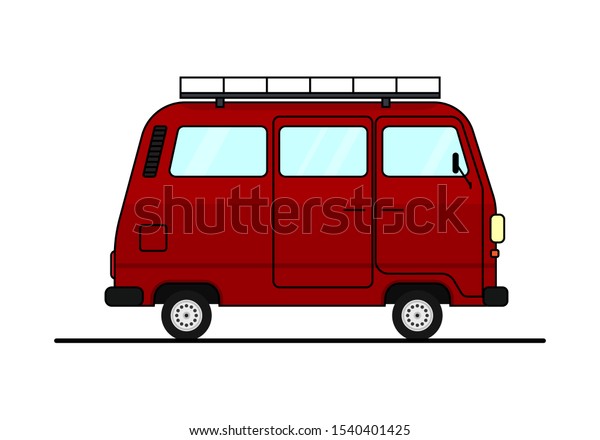 Car van, hippie\
auto, red vehicle for travel and freedom, vector illustration\
isolated on white\
background