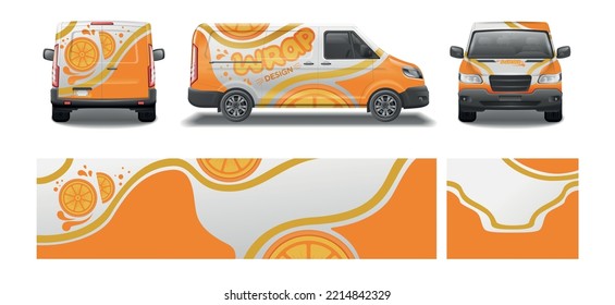 Car van mockup livery wrap design realistic set of citrus branding elements and wrapped car looks vector illustration