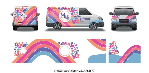 Car van mockup livery wrap design realistic set with front back and side views of automobile vector illustration