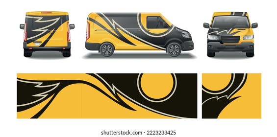 Car van mockup livery wrap design realistic set of isolated wrapping pieces and views of automobile vector illustration