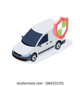 Car van with security shield. Vector 3d isometric, color web icon set, new flat style. Creative illustration, idea for infographics.