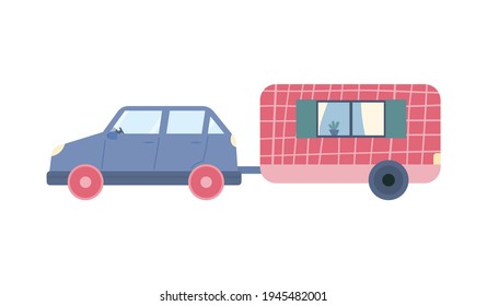 Car with van, vehicle with trailer for campers travel at summer vacation.