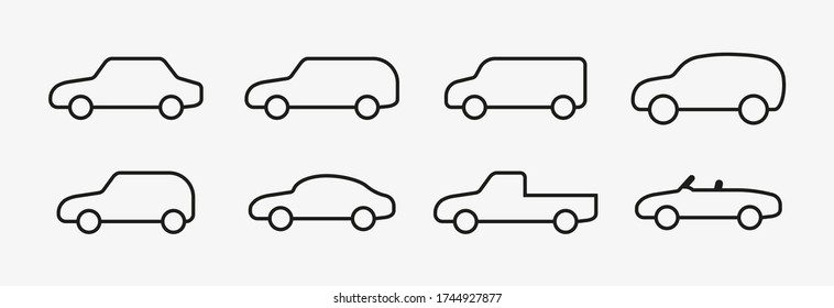 Car variants vector icons. Car body types outline vector symbols isolated on white background. Car line icon set. Sedan, combi, wagon, MPV, minivan, SUV, hatchback, coupe, pickup, convertible, cabrio.